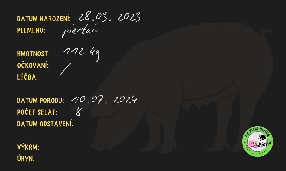 Datum narození Plemeno Váha Očkovaní Léčba Datum porodu (u prasnic) Počet selat Odstavení Výkrm Úhyn